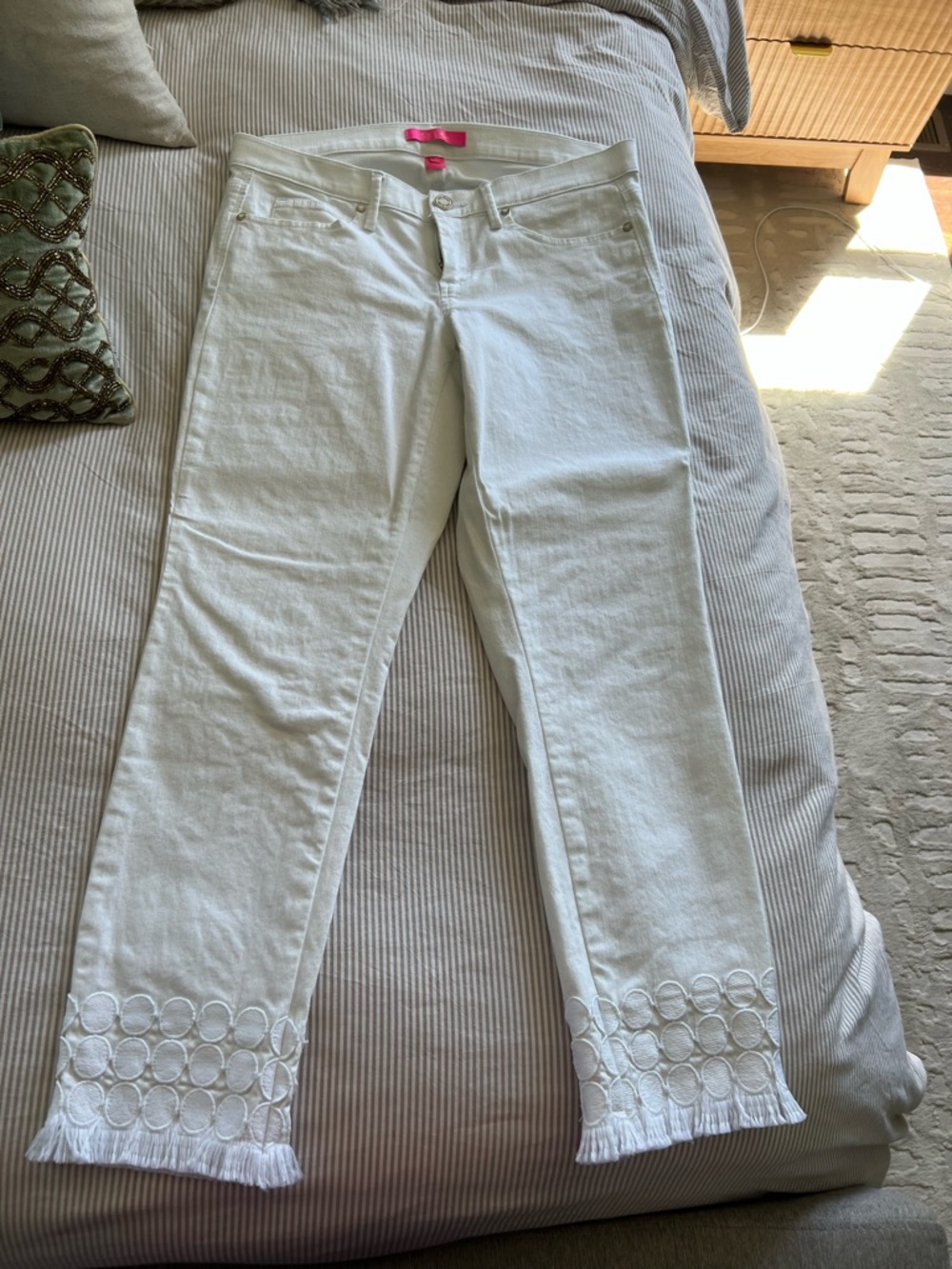 Embroidered Hem White Jeans